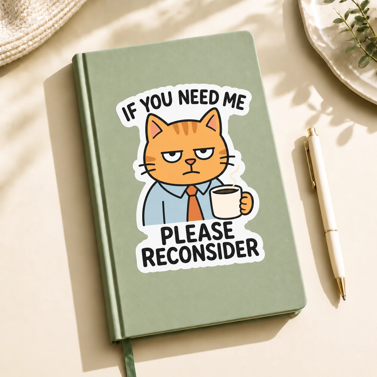 If You Need Me Please Reconsider Sticker, Orange Coffee design shown on a notebook