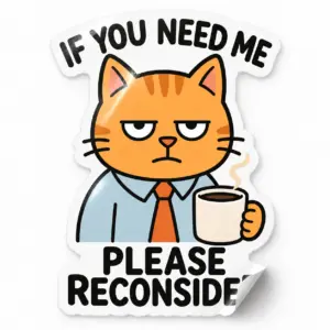 If You Need Me Please Reconsider Sticker — Orange Coffee design on a white background with a lifted corner