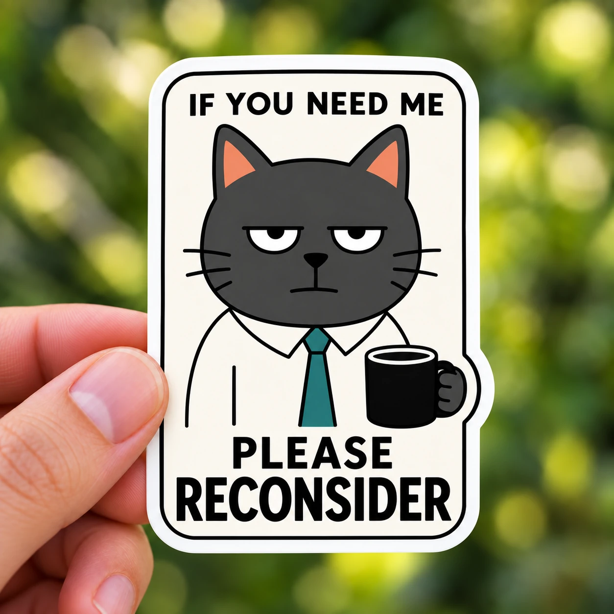 If You Need Me Please Reconsider Sticker, Black Coffee design shown held in a hand