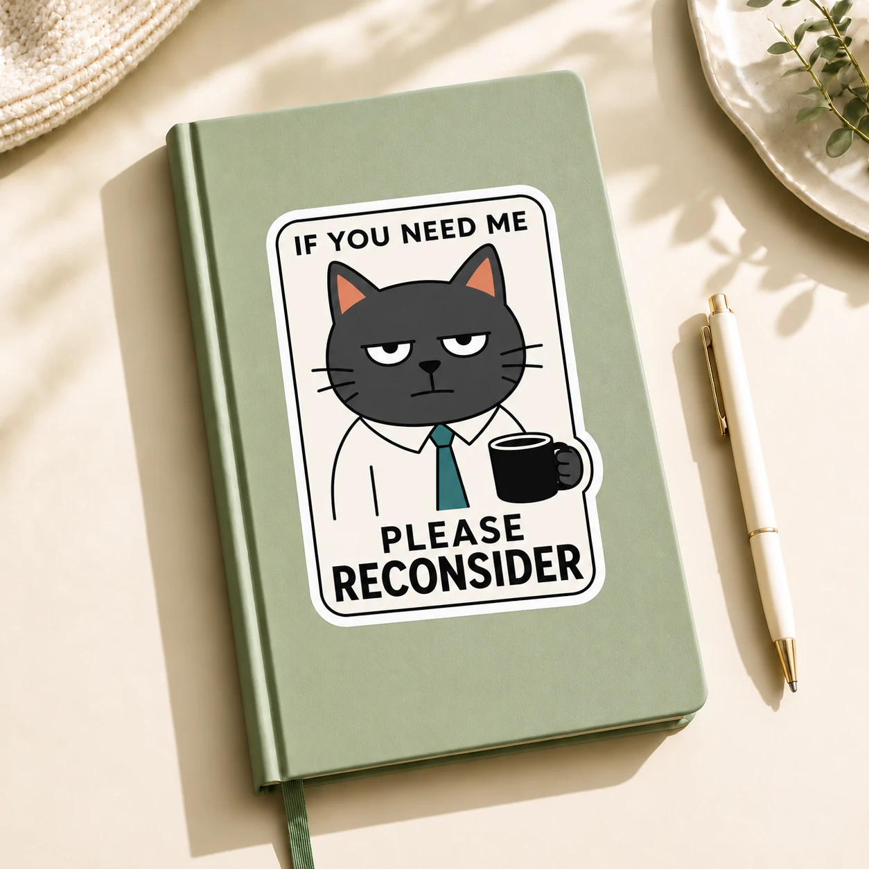 If You Need Me Please Reconsider Sticker, Black Coffee design shown on a notebook