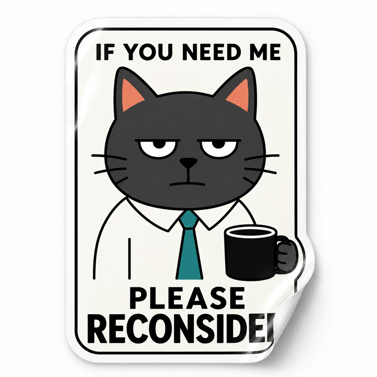 If You Need Me Please Reconsider Sticker — Black Coffee design on a white background with a lifted corner