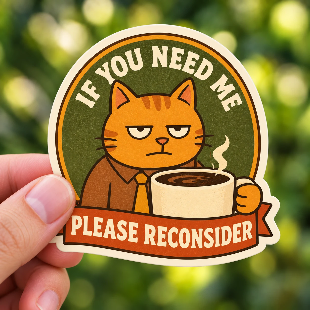 If You Need Me Please Reconsider Sticker, Vintage Badge design shown held in a hand