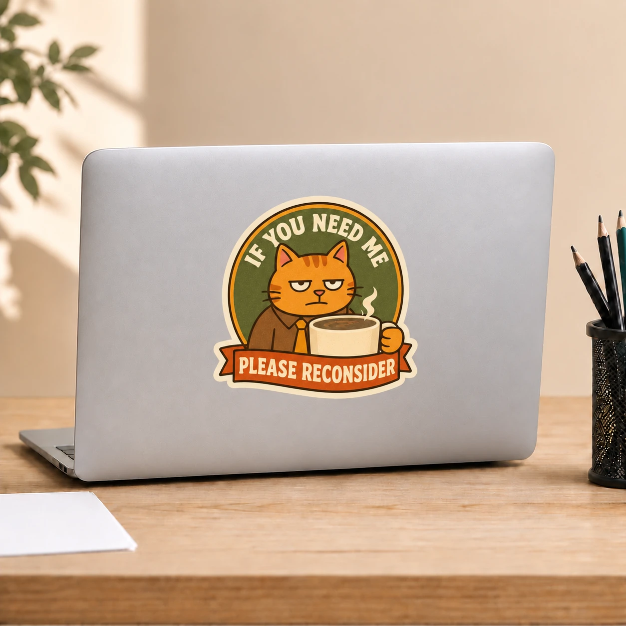 If You Need Me Please Reconsider Sticker, Vintage Badge design shown on a laptop lid