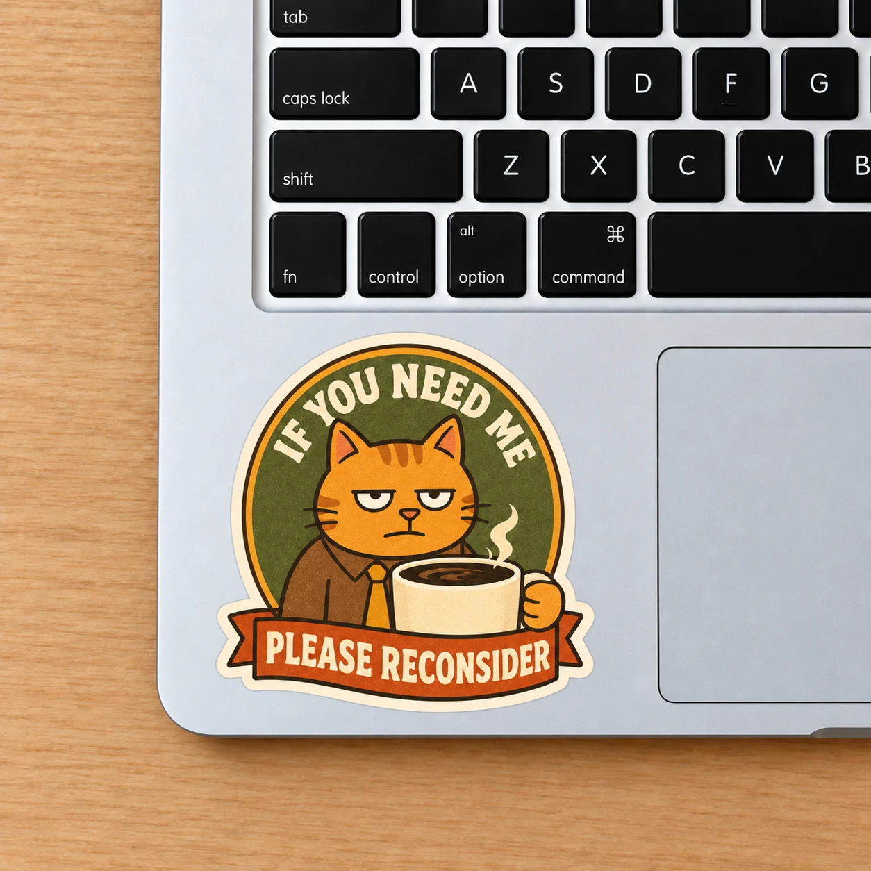 If You Need Me Please Reconsider Sticker, Vintage Badge design shown on a laptop palm rest