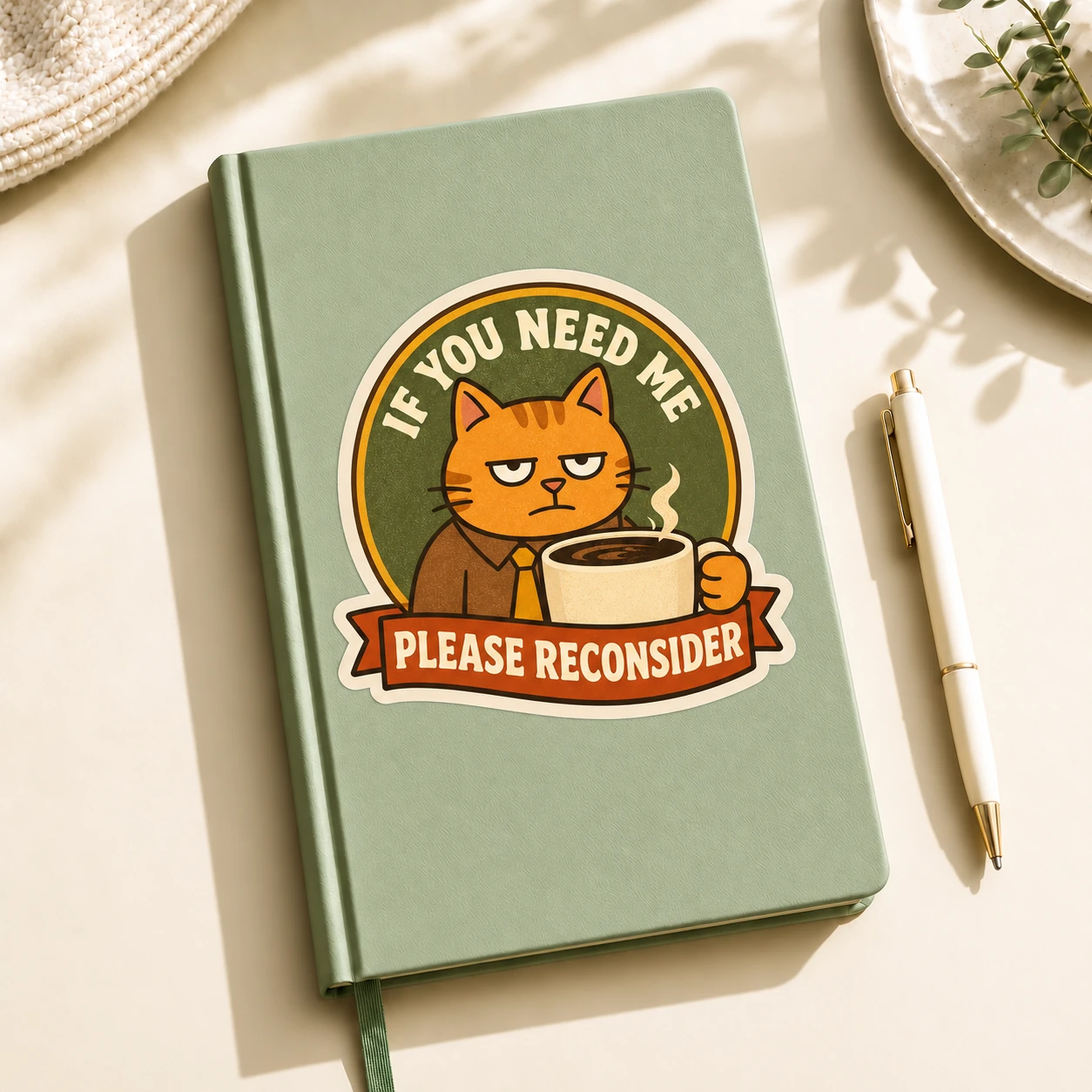 If You Need Me Please Reconsider Sticker, Vintage Badge design shown on a notebook