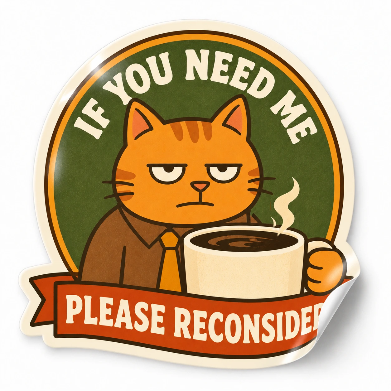 If You Need Me Please Reconsider Sticker — Vintage Badge design on a white background with a lifted corner