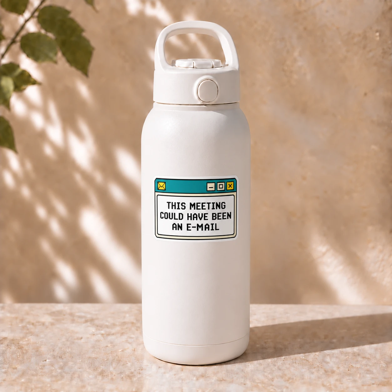 This Meeting Could Have Been an E-Mail Sticker, Retro Window design shown on a bottle