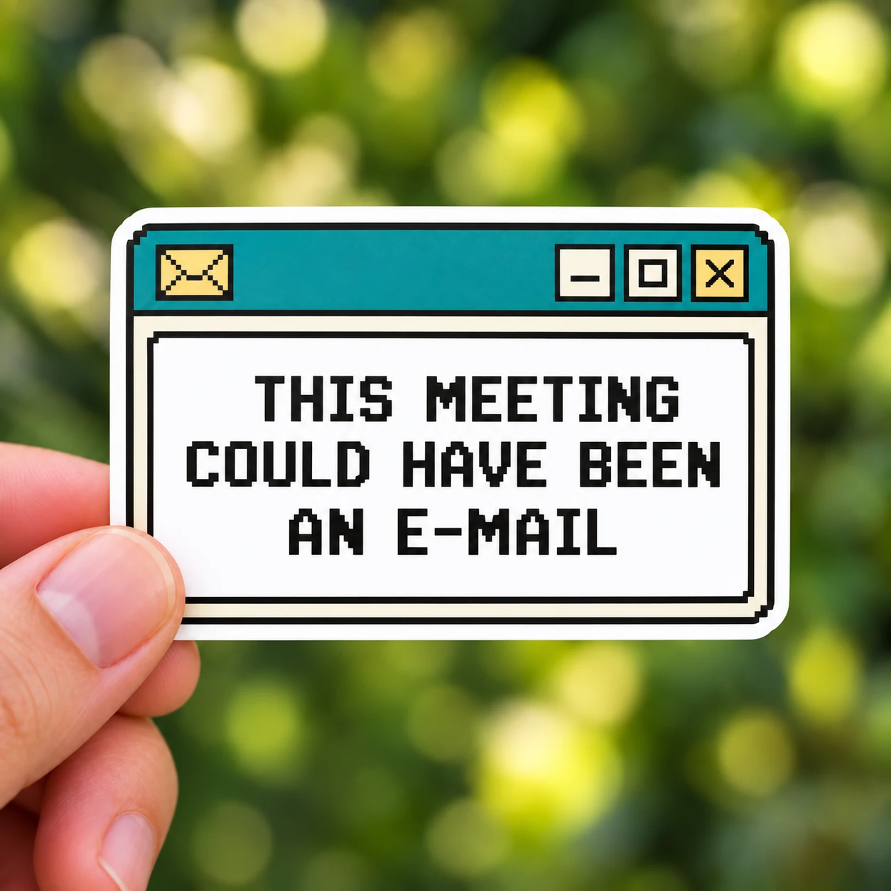 This Meeting Could Have Been an E-Mail Sticker, Retro Window design shown held in a hand