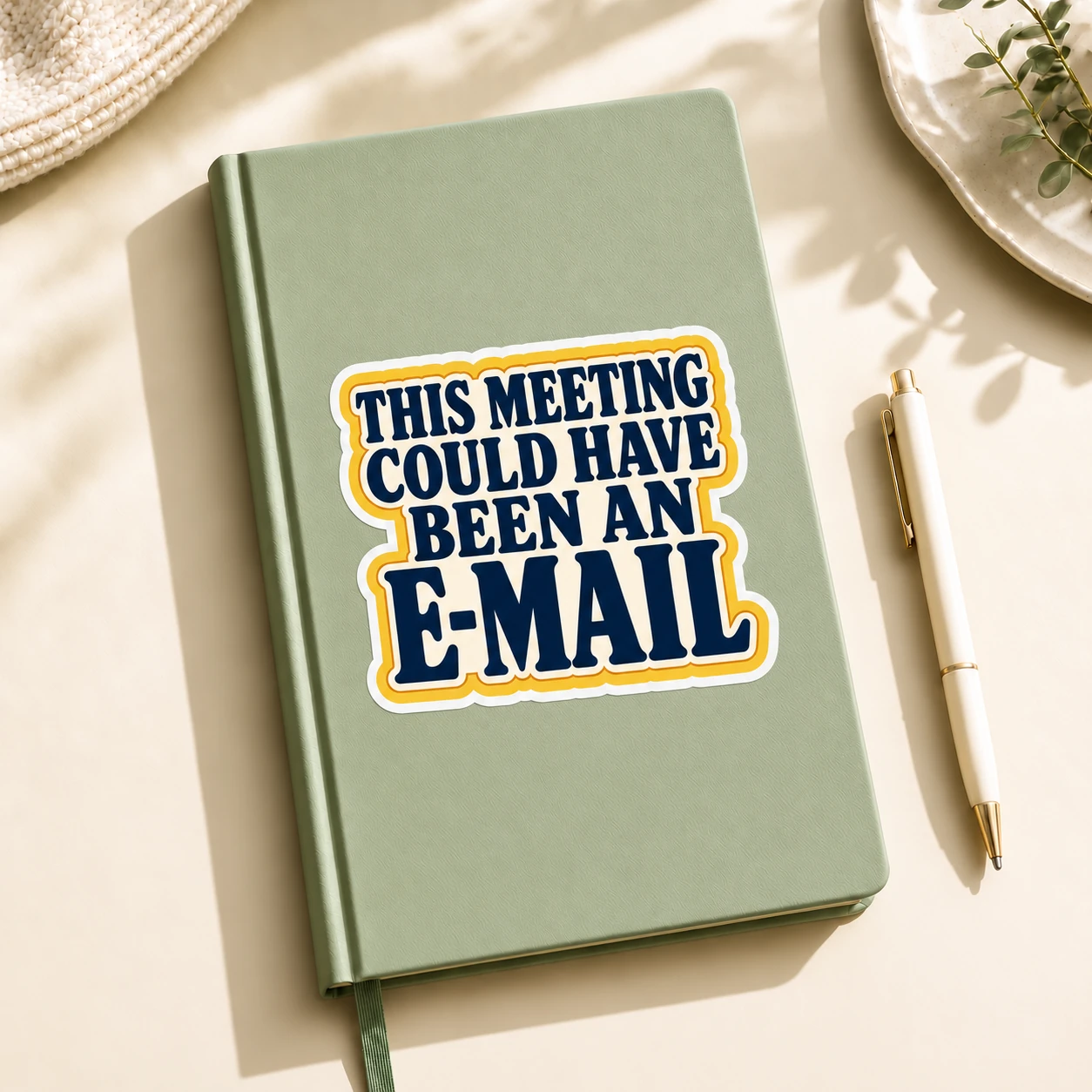 This Meeting Could Have Been an E-Mail Sticker, Bold Type design shown on a notebook