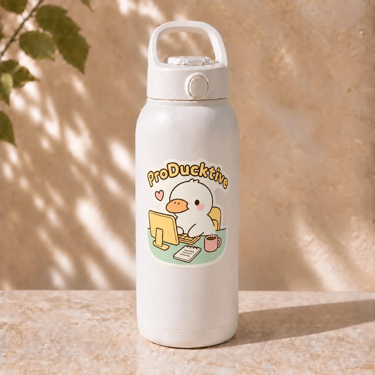 ProDucktive Sticker, Cozy Desk design shown on a bottle