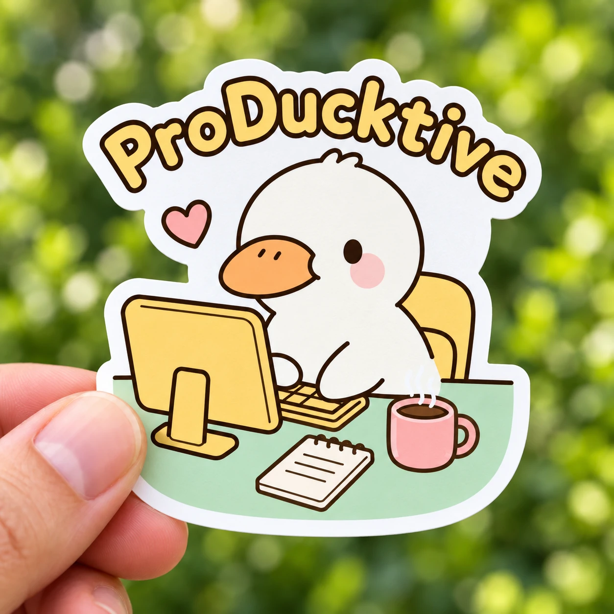 ProDucktive Sticker, Cozy Desk design shown held in a hand