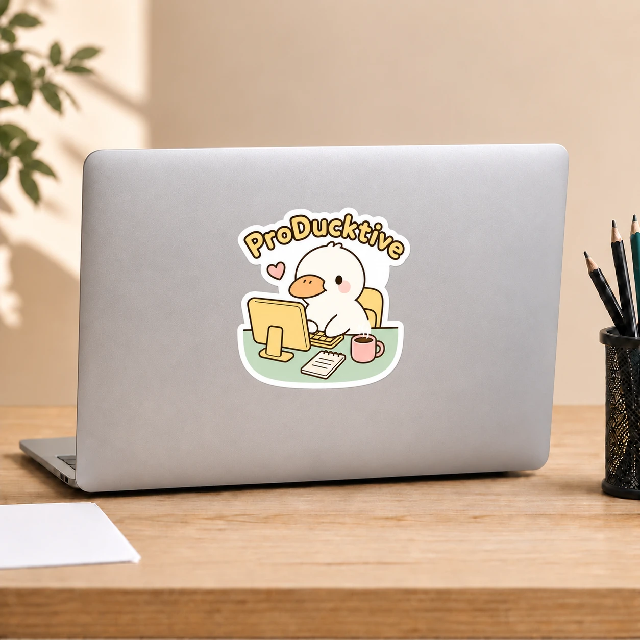 ProDucktive Sticker, Cozy Desk design shown on a laptop lid
