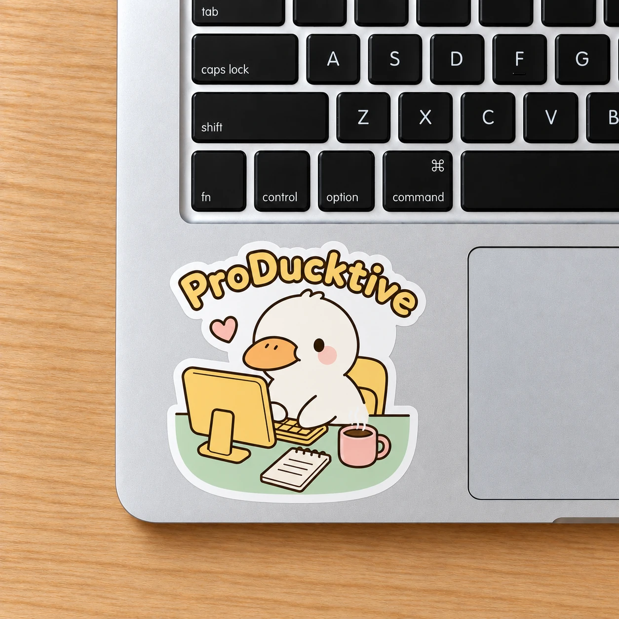 ProDucktive Sticker, Cozy Desk design shown on a laptop palm rest