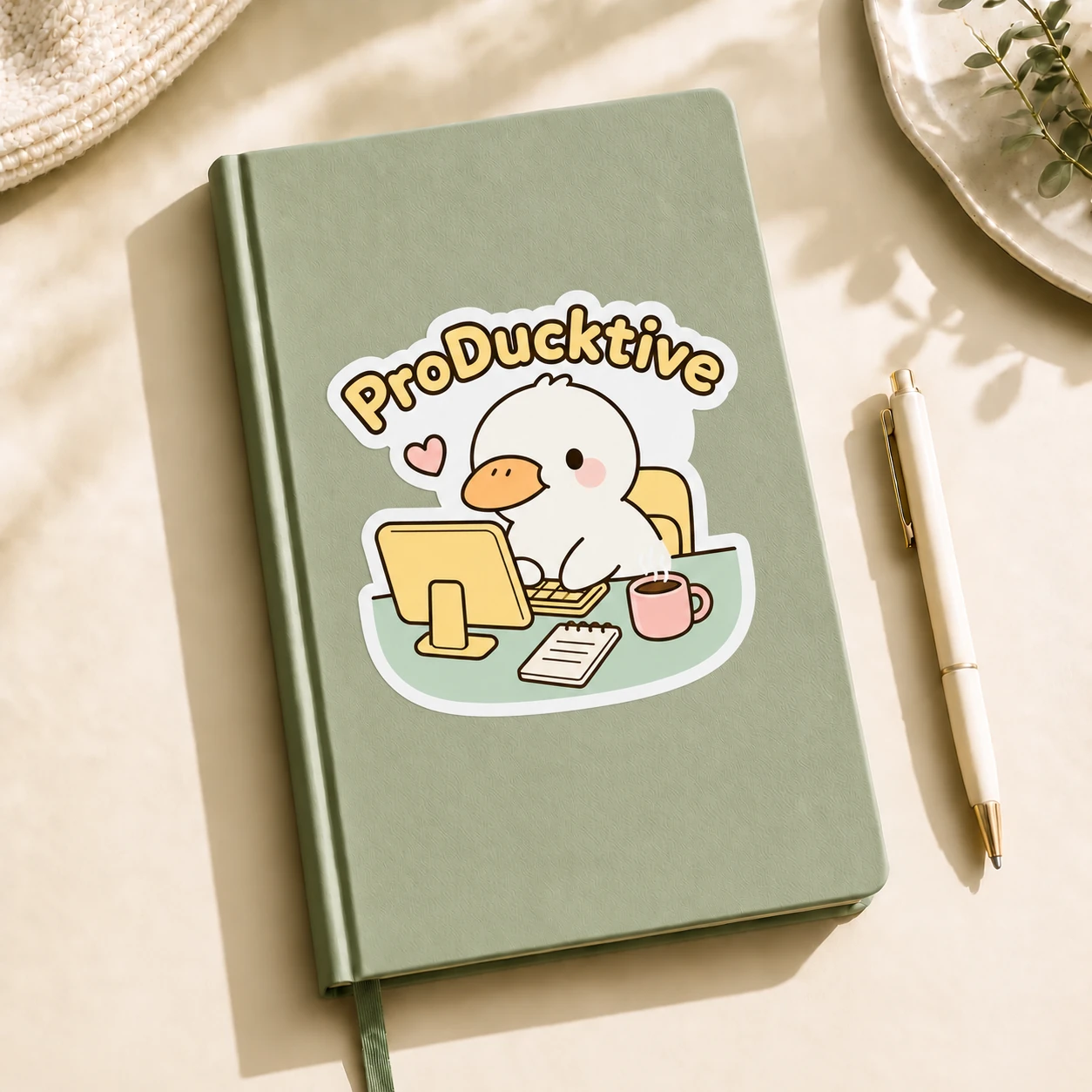 ProDucktive Sticker, Cozy Desk design shown on a notebook