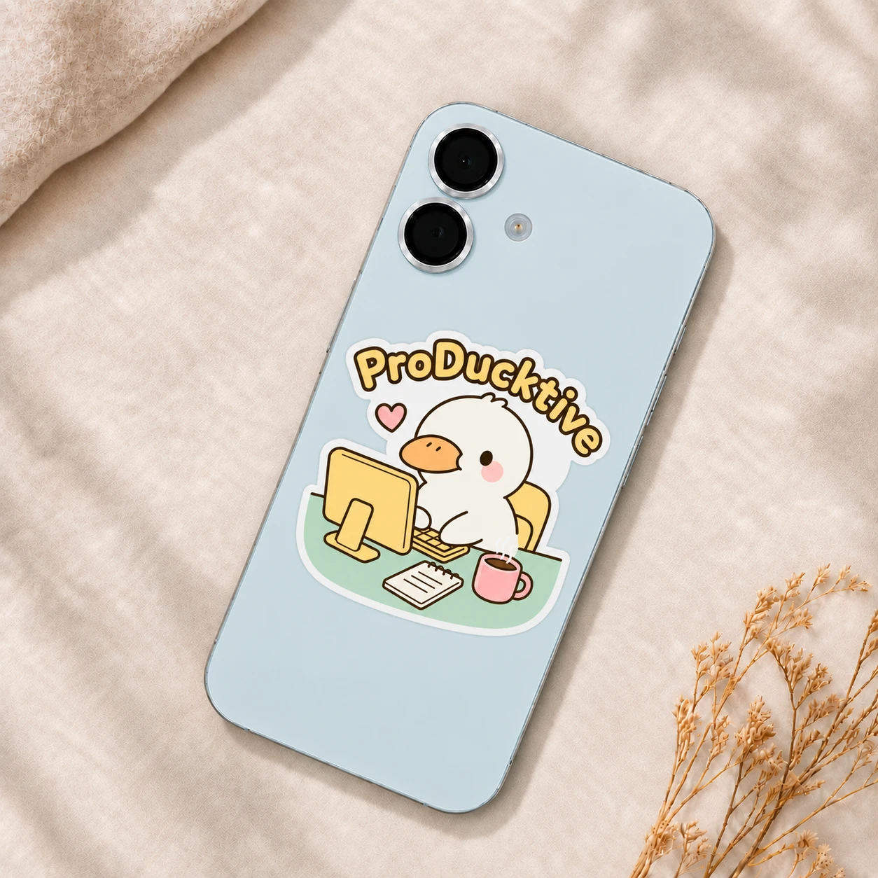 ProDucktive Sticker, Cozy Desk design shown on a phone
