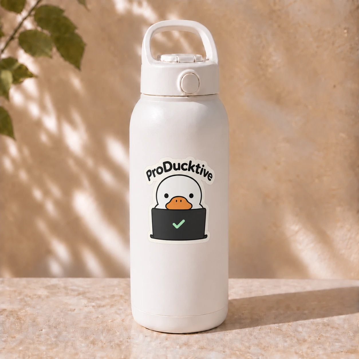 ProDucktive Sticker, Task Duck design shown on a bottle