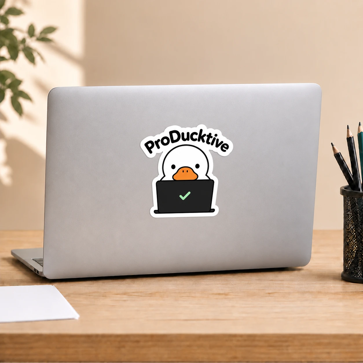 ProDucktive Sticker, Task Duck design shown on a laptop lid