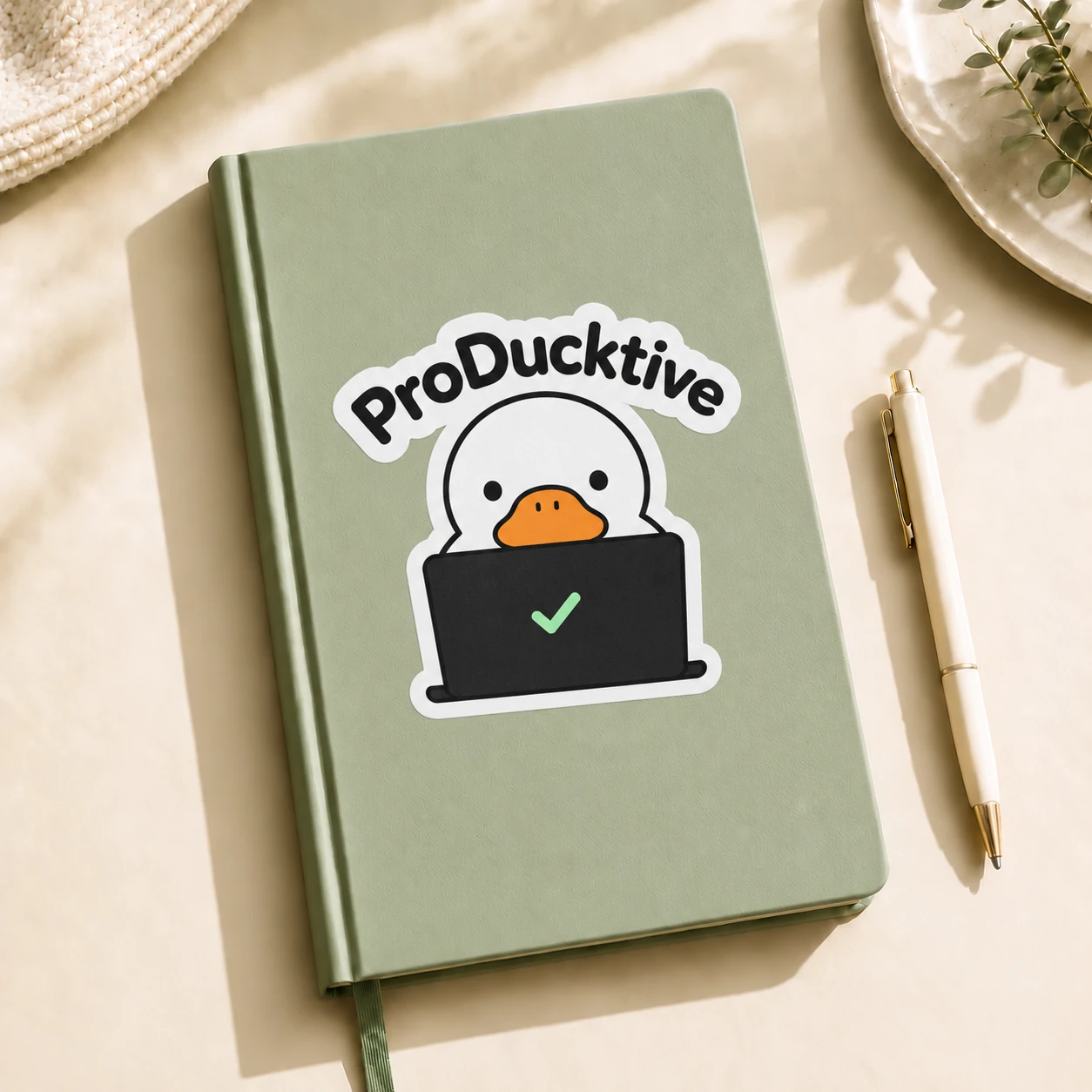 ProDucktive Sticker, Task Duck design shown on a notebook