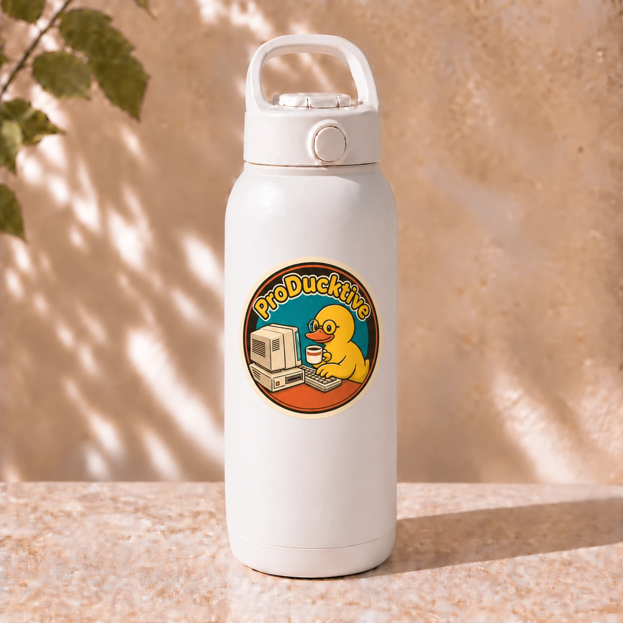 ProDucktive Sticker, Retro Badge design shown on a bottle