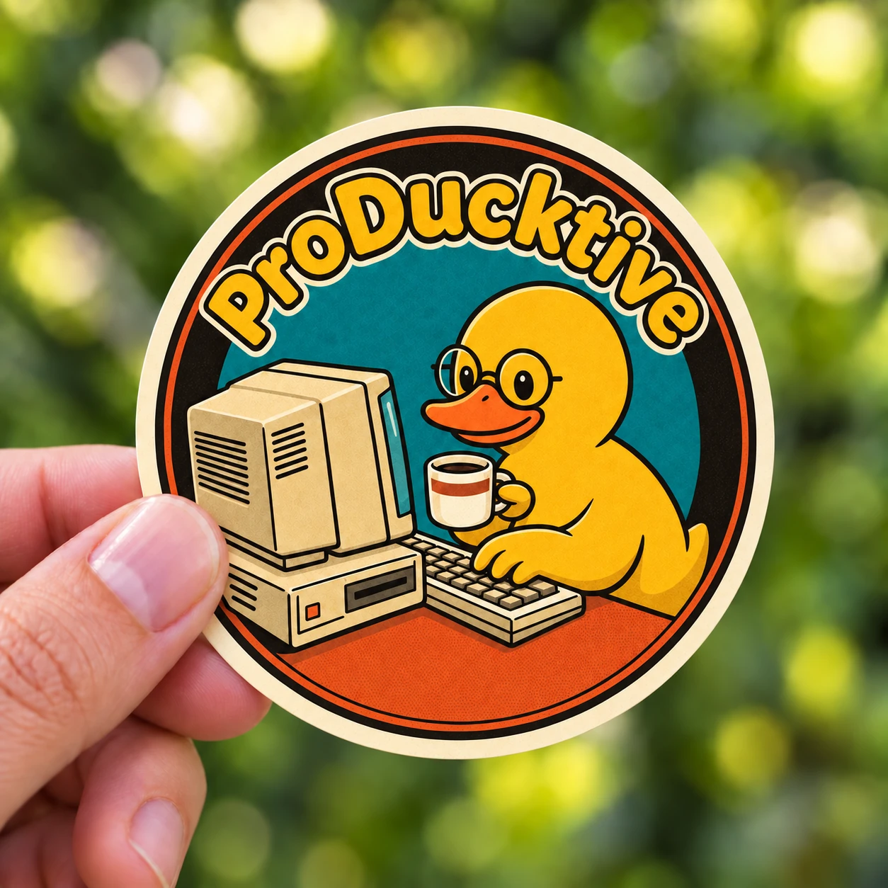 ProDucktive Sticker, Retro Badge design shown held in a hand