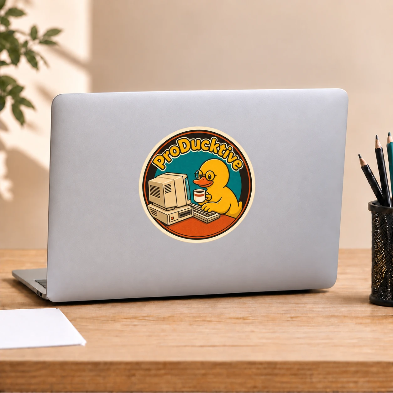 ProDucktive Sticker, Retro Badge design shown on a laptop lid