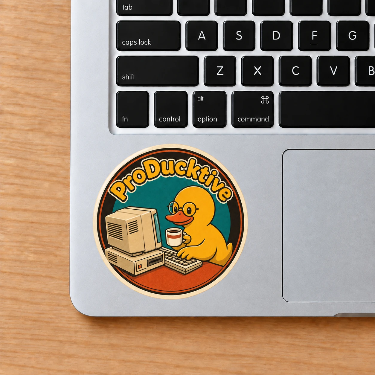 ProDucktive Sticker, Retro Badge design shown on a laptop palm rest
