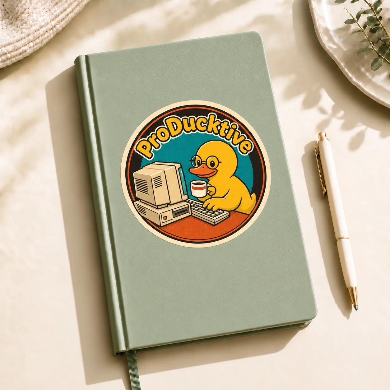 ProDucktive Sticker, Retro Badge design shown on a notebook