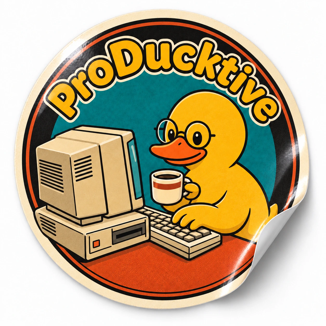 ProDucktive Sticker — Retro Badge design on a white background with a lifted corner