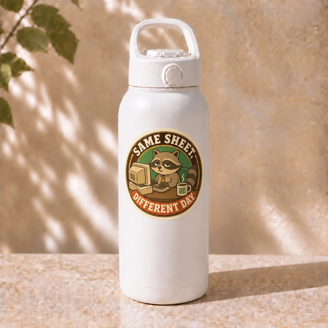 Same Sheet, Different Day Sticker, Vintage Badge design shown on a bottle