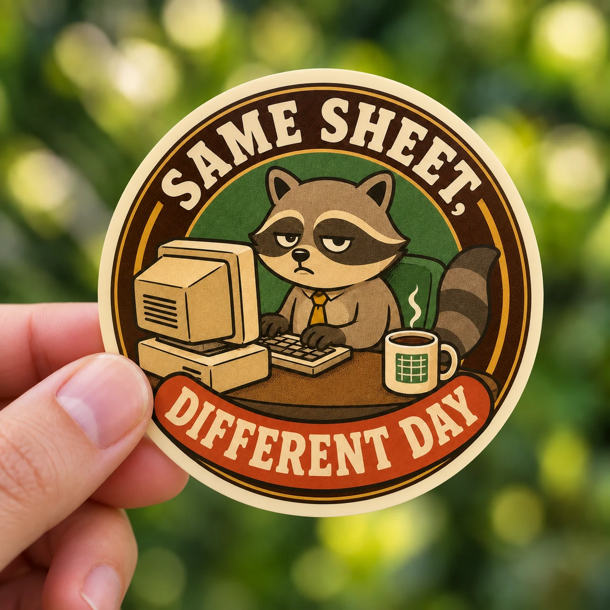 Same Sheet, Different Day Sticker, Vintage Badge design shown held in a hand