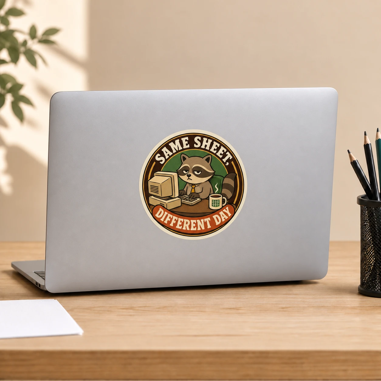 Same Sheet, Different Day Sticker, Vintage Badge design shown on a laptop lid