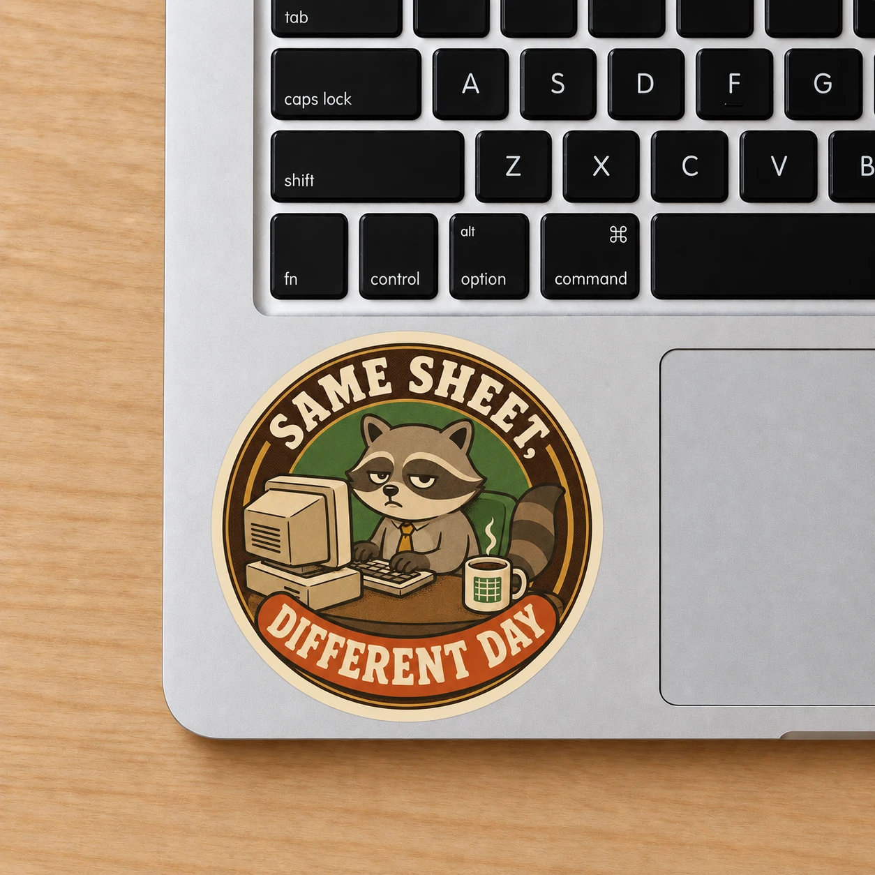 Same Sheet, Different Day Sticker, Vintage Badge design shown on a laptop palm rest