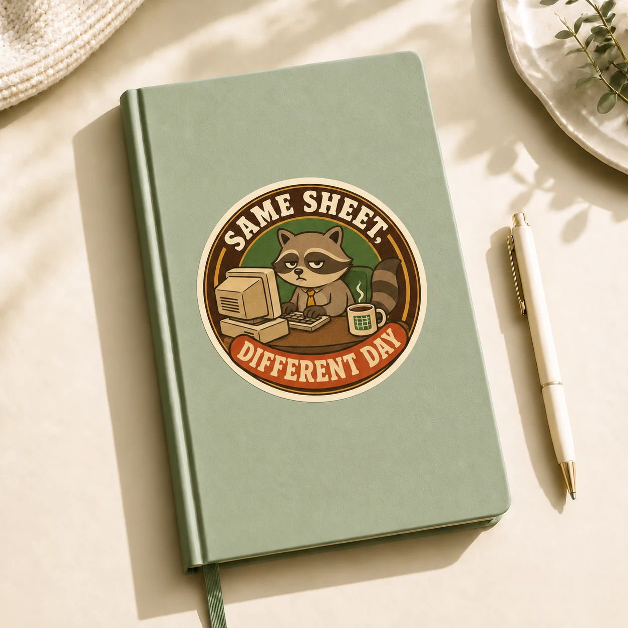 Same Sheet, Different Day Sticker, Vintage Badge design shown on a notebook