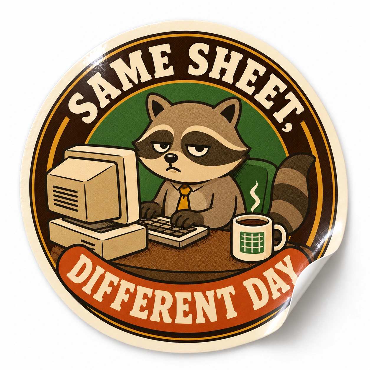 Same Sheet, Different Day Sticker — Vintage Badge design on a white background with a lifted corner