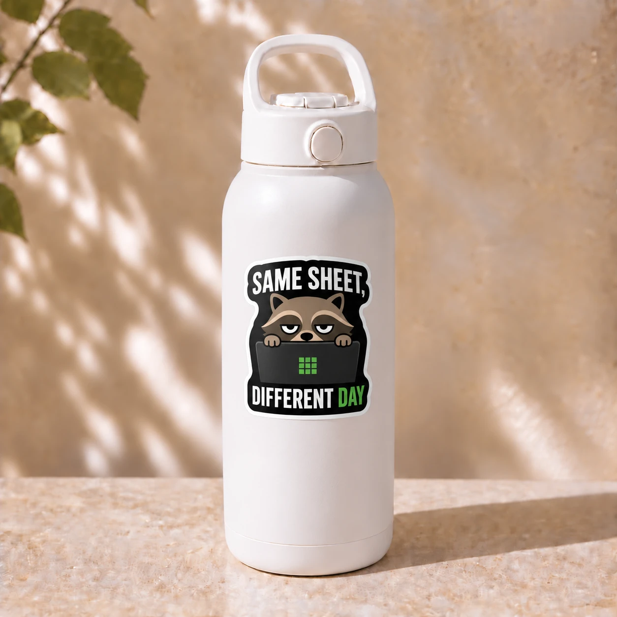 Same Sheet, Different Day Sticker, Laptop Peek design shown on a bottle
