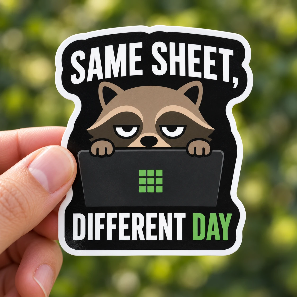 Same Sheet, Different Day Sticker, Laptop Peek design shown held in a hand