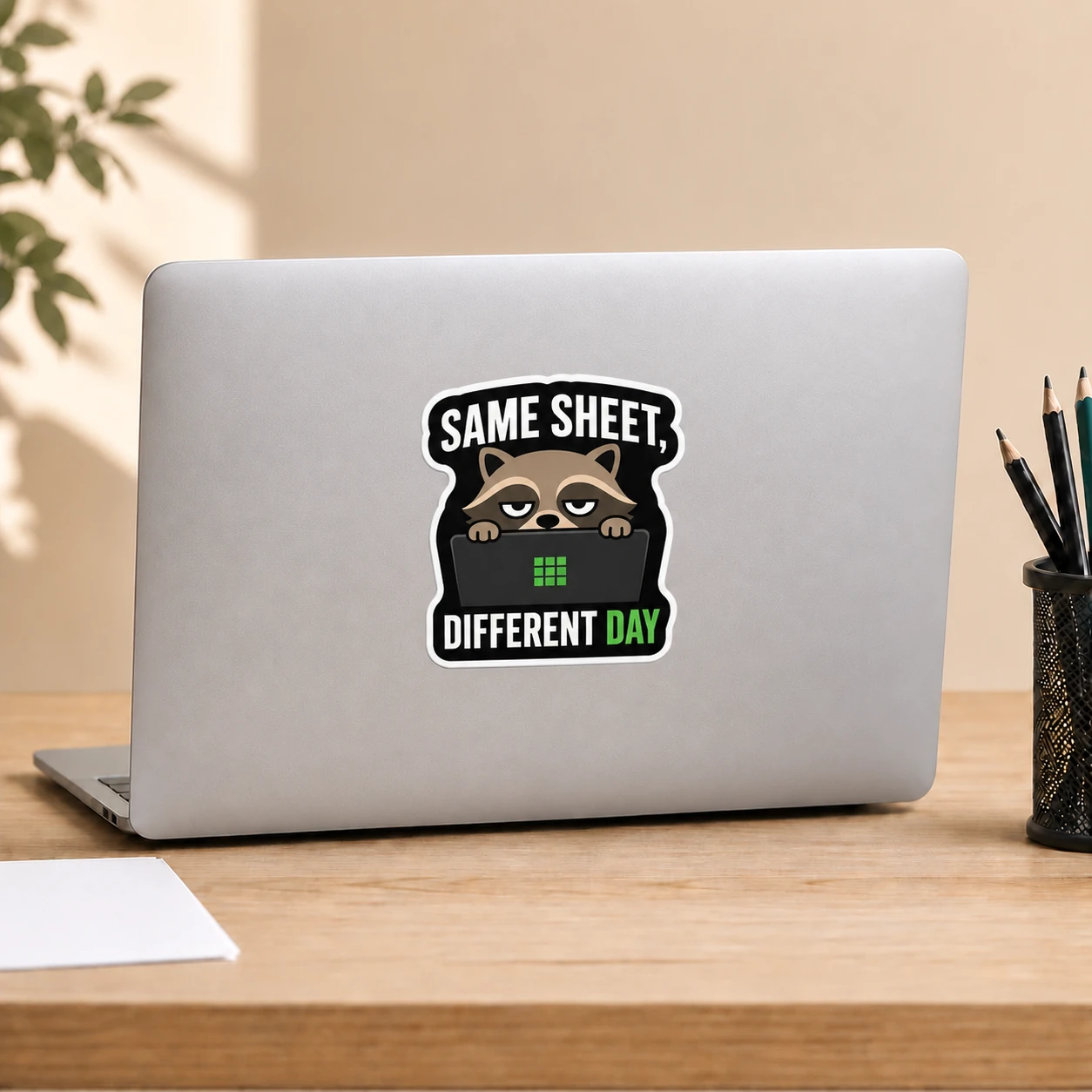 Same Sheet, Different Day Sticker, Laptop Peek design shown on a laptop lid