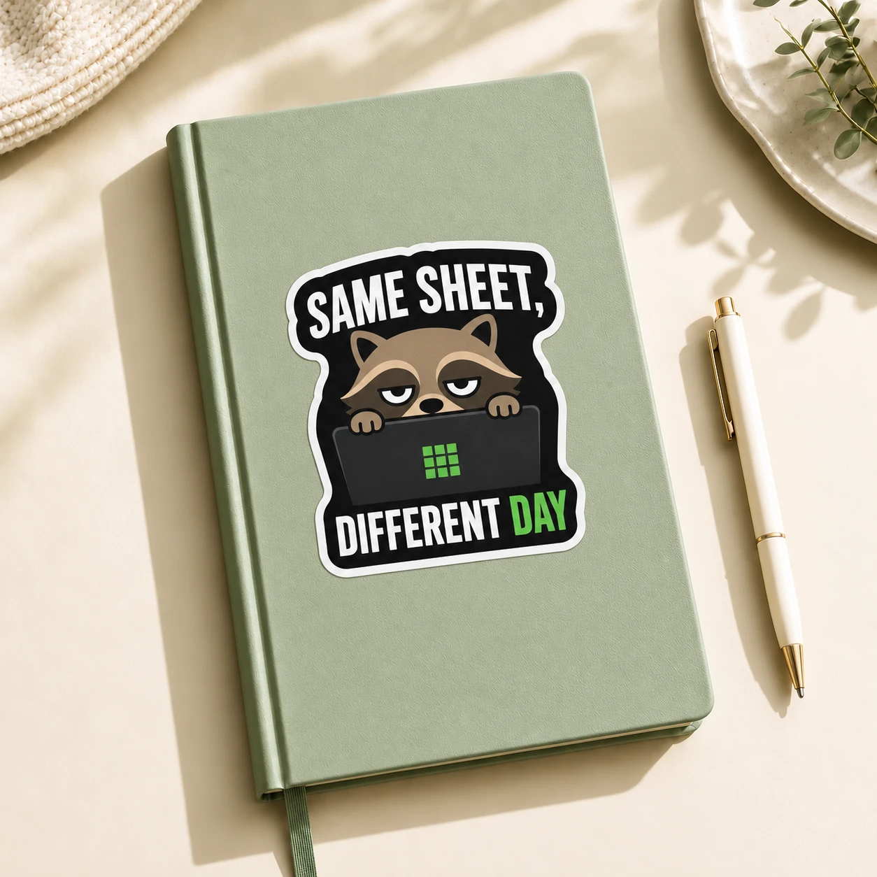 Same Sheet, Different Day Sticker, Laptop Peek design shown on a notebook