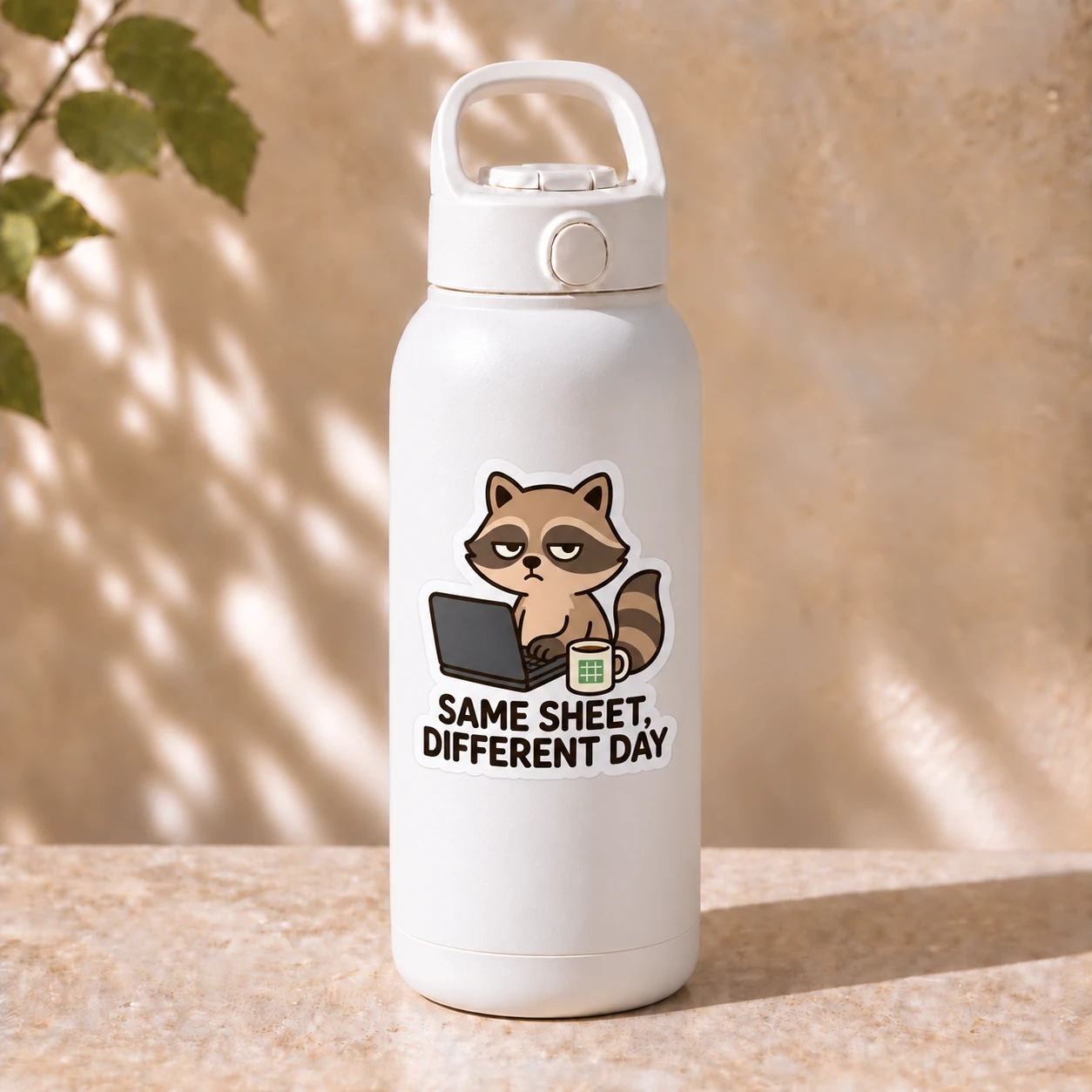 Same Sheet, Different Day Sticker, Coffee Desk design shown on a bottle