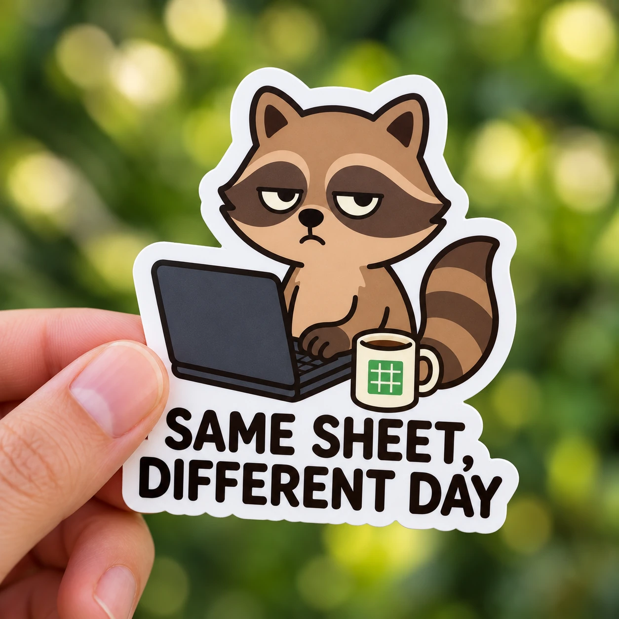 Same Sheet, Different Day Sticker, Coffee Desk design shown held in a hand