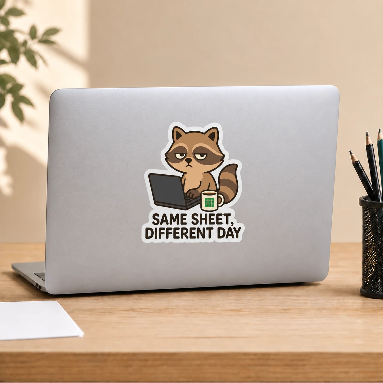 Same Sheet, Different Day Sticker, Coffee Desk design shown on a laptop lid