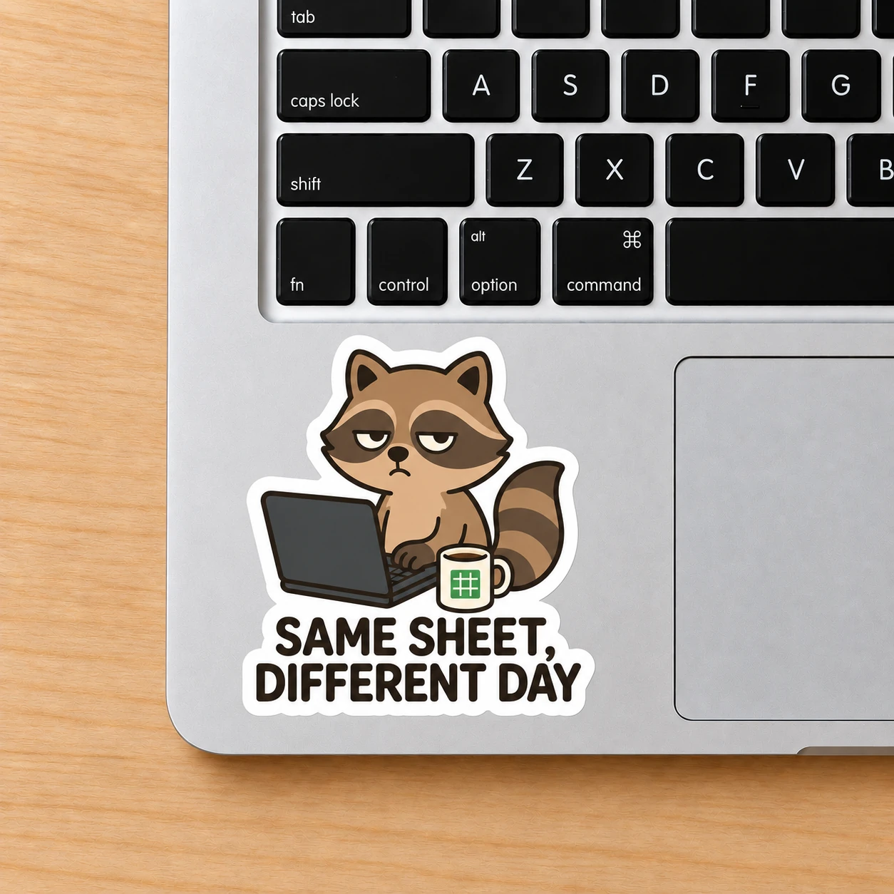 Same Sheet, Different Day Sticker, Coffee Desk design shown on a laptop palm rest