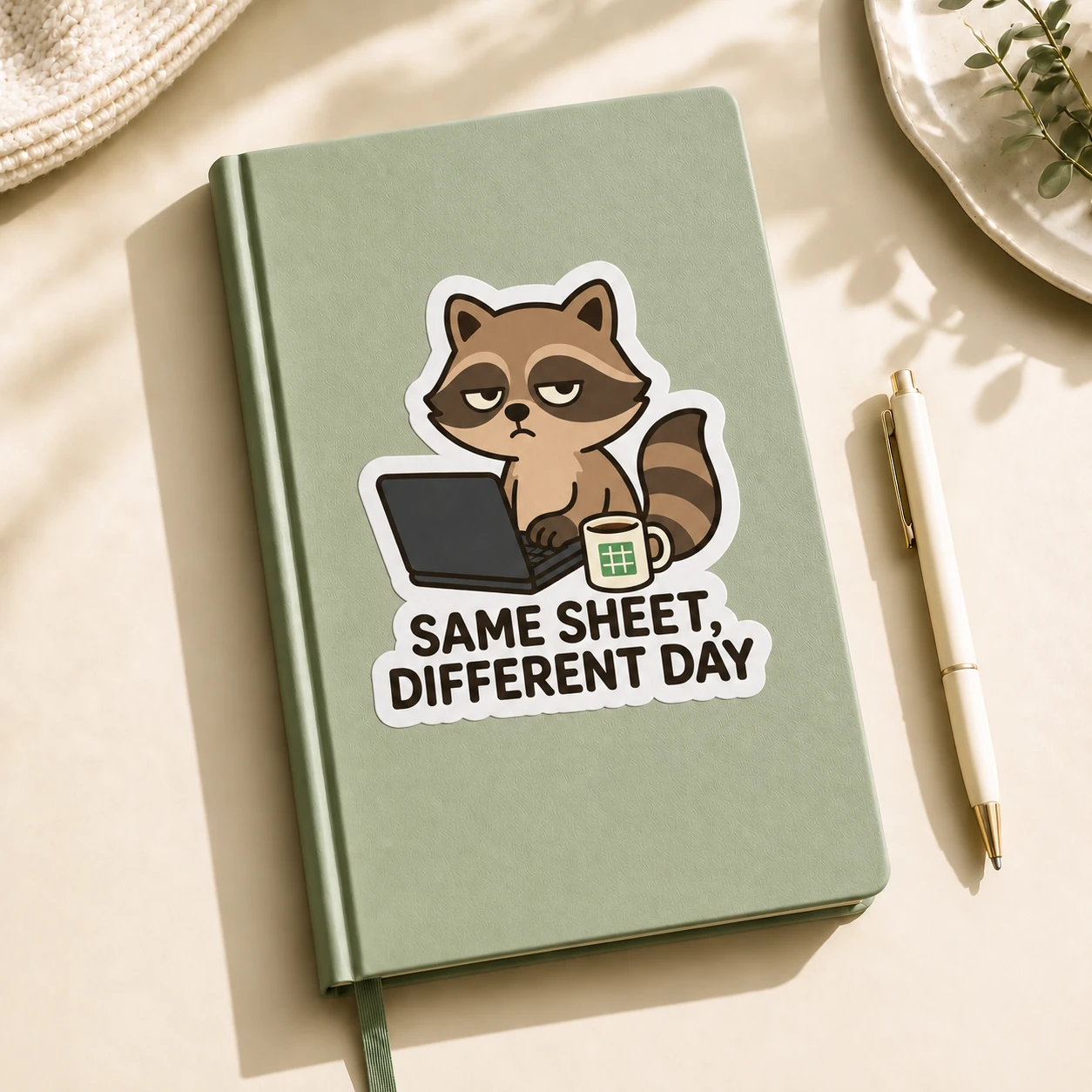 Same Sheet, Different Day Sticker, Coffee Desk design shown on a notebook