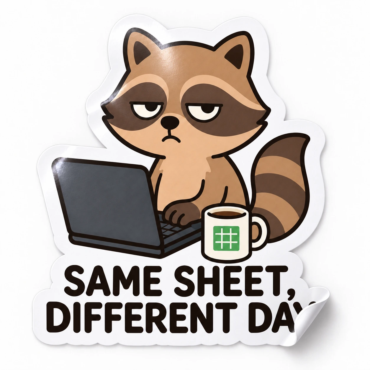 Same Sheet, Different Day Sticker — Coffee Desk design on a white background with a lifted corner