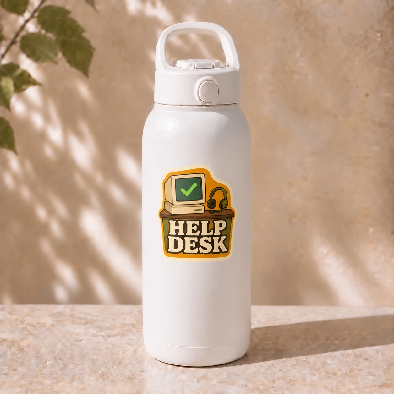 Help Desk Sticker, Retro Support design shown on a bottle