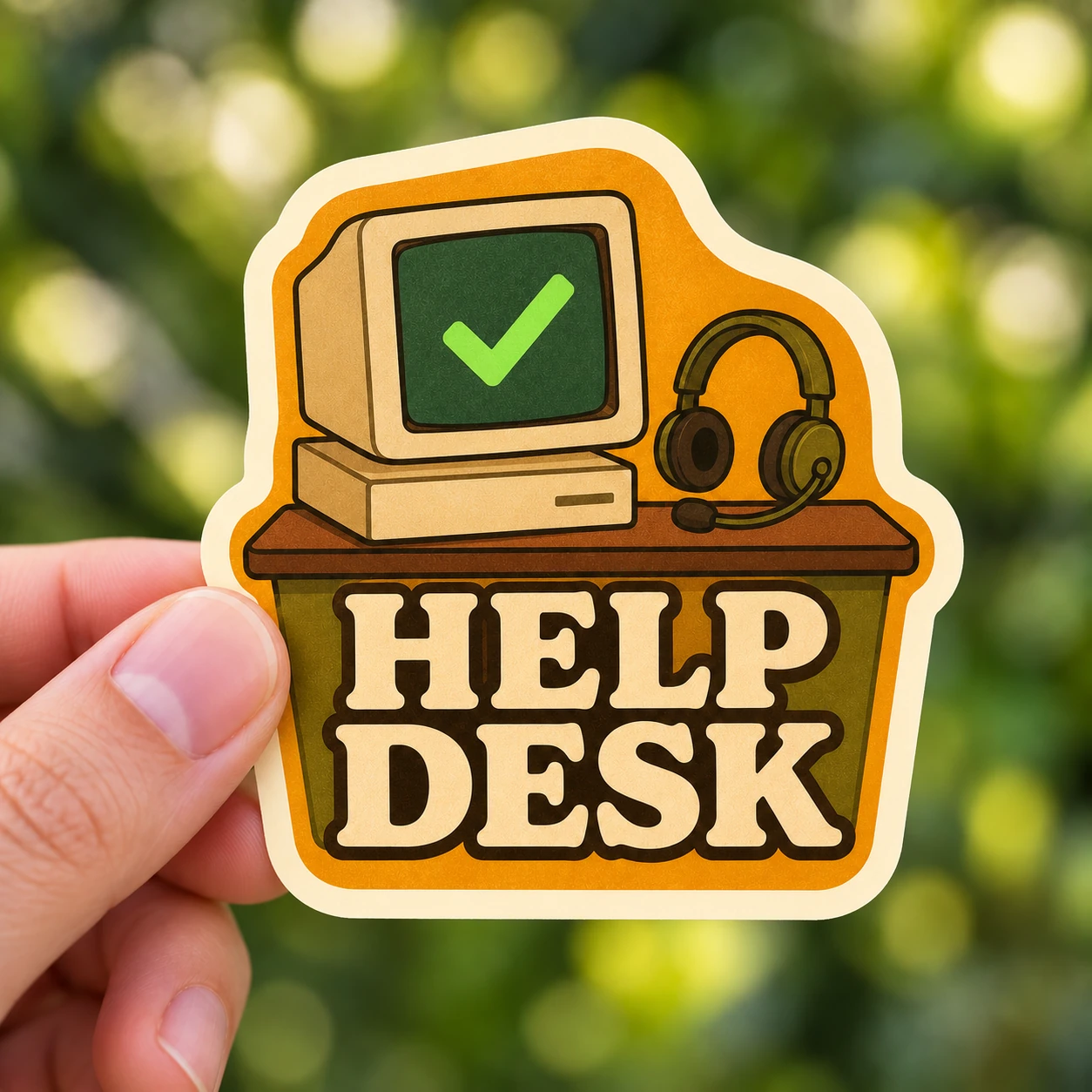 Help Desk Sticker, Retro Support design shown held in a hand