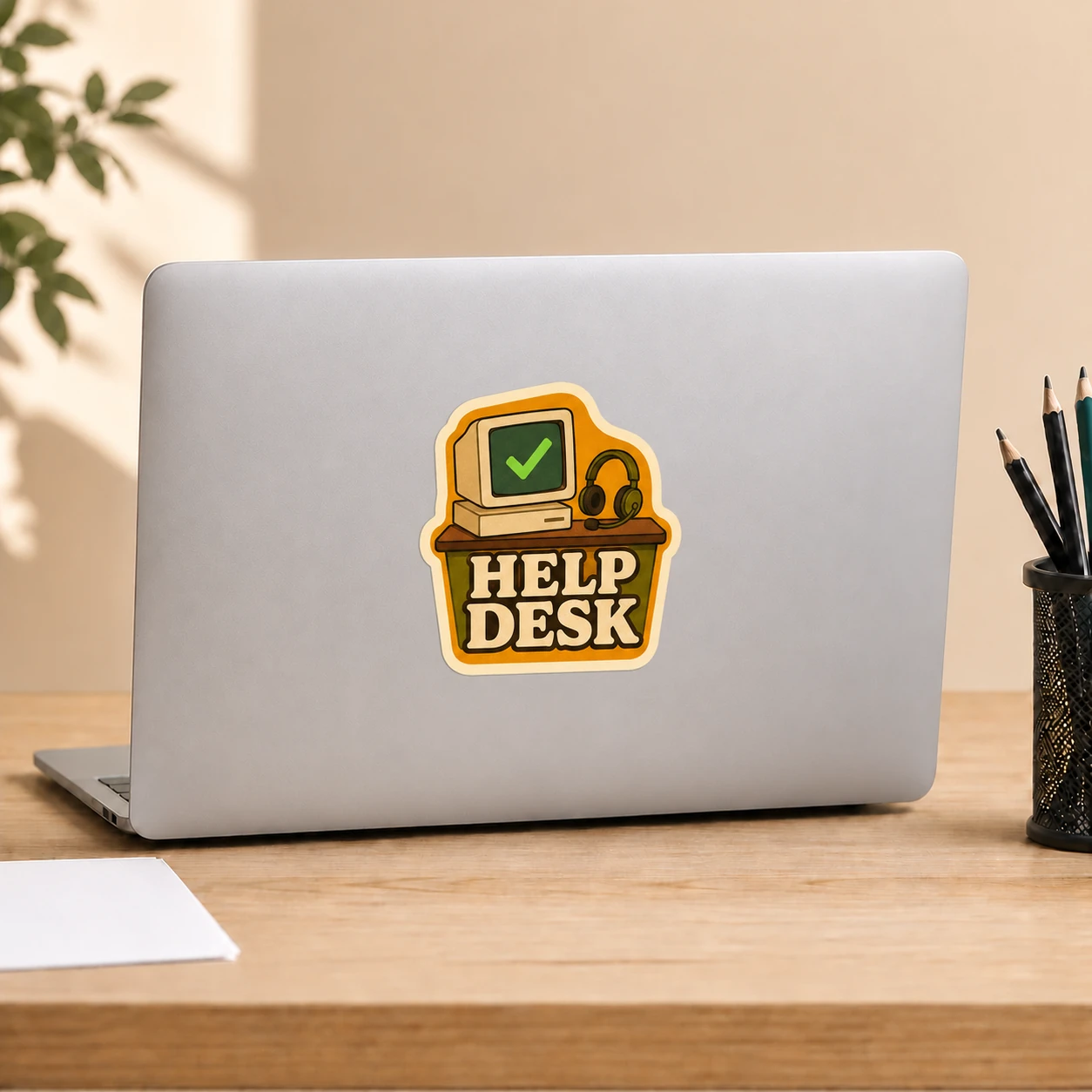 Help Desk Sticker, Retro Support design shown on a laptop lid