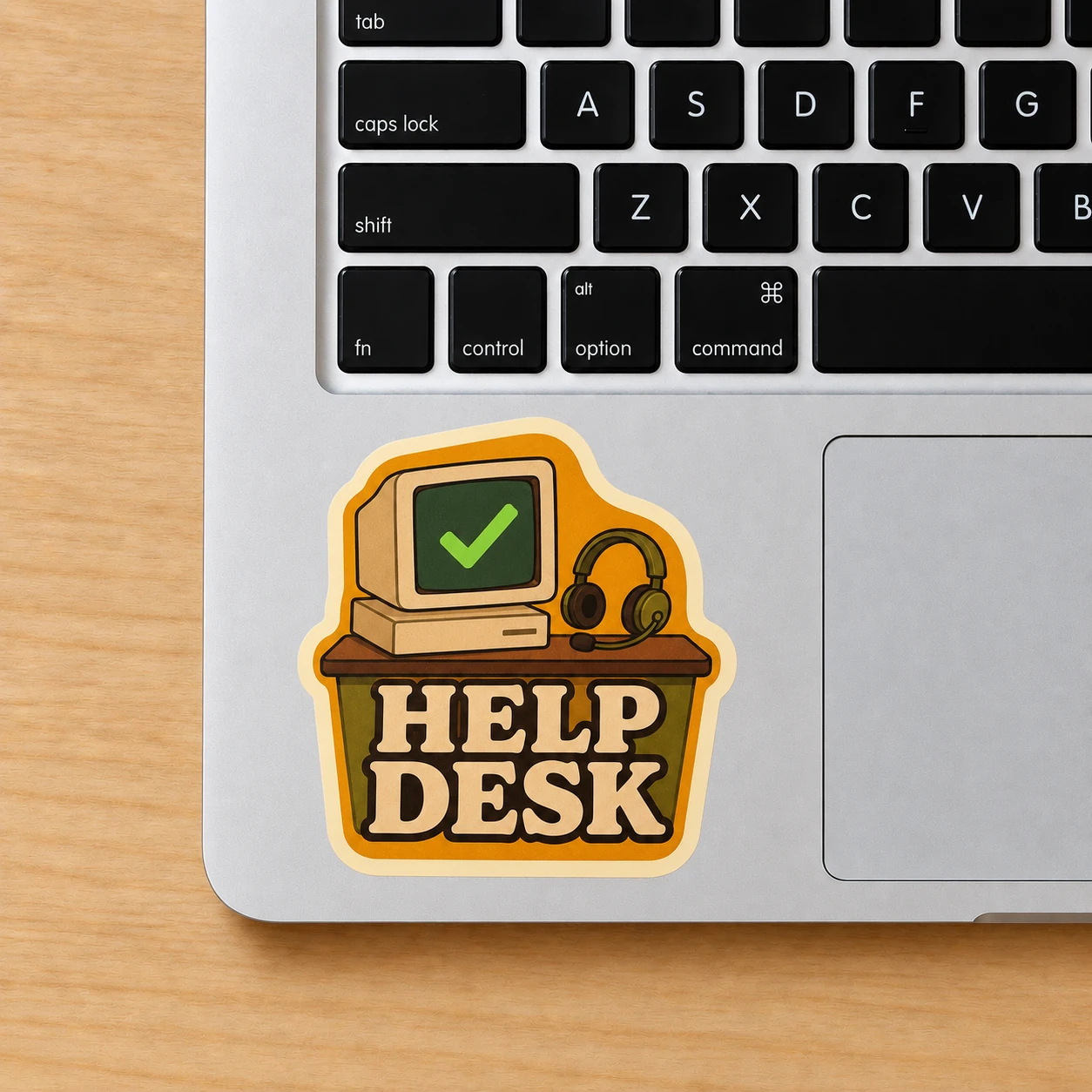 Help Desk Sticker, Retro Support design shown on a laptop palm rest