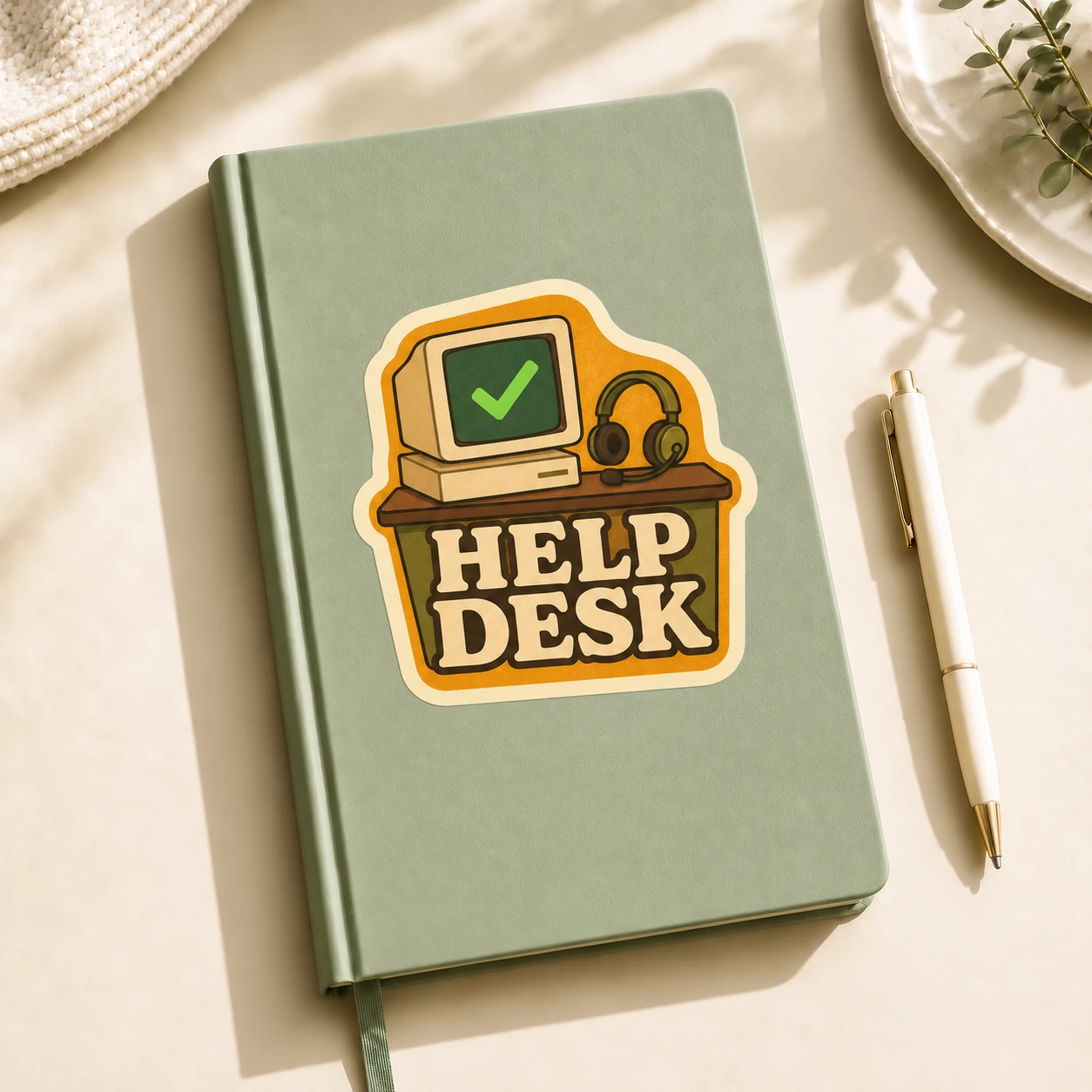 Help Desk Sticker, Retro Support design shown on a notebook