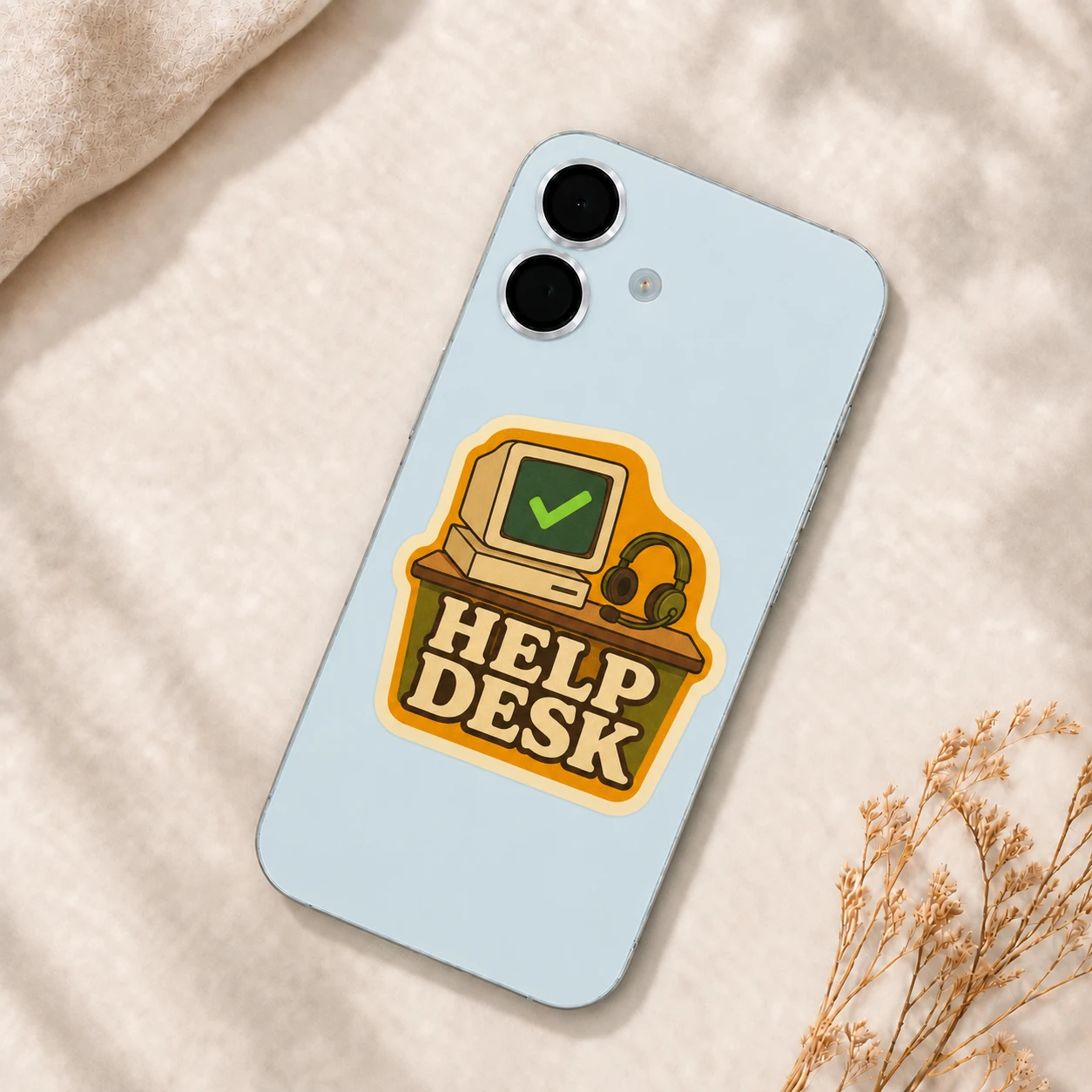 Help Desk Sticker, Retro Support design shown on a phone